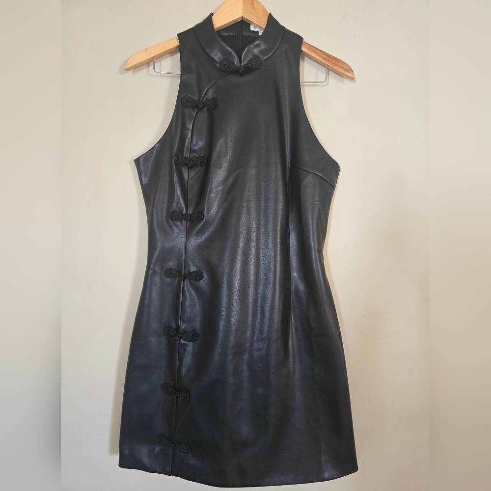 Sau Lee Black Faux Leather Mandarin Collar Mini Dress